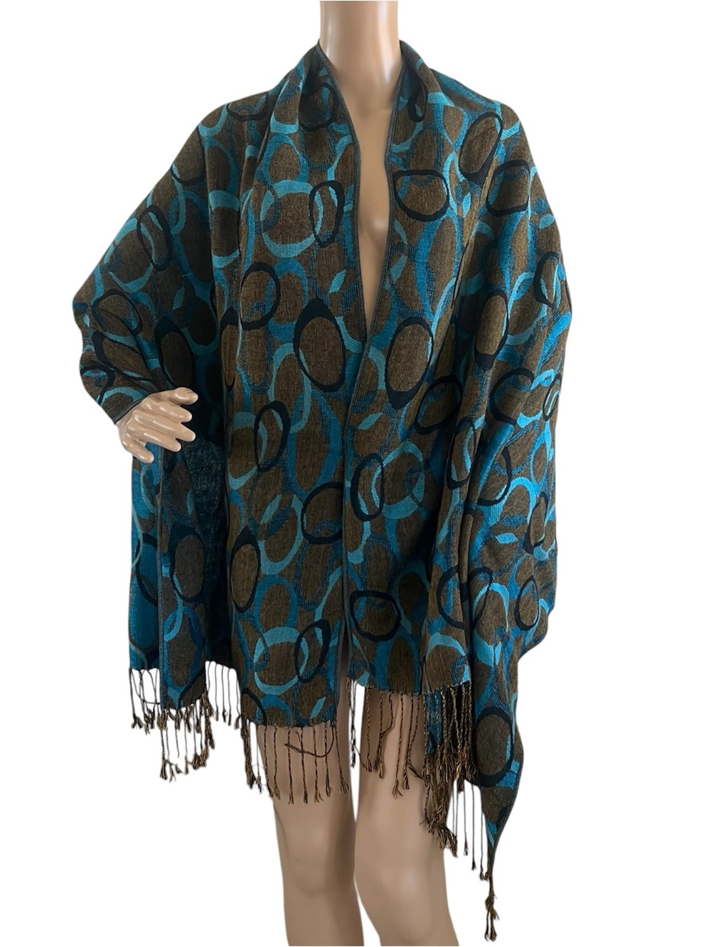 Pashmina Blue and Brown Circular Pattern Fringe Wrap